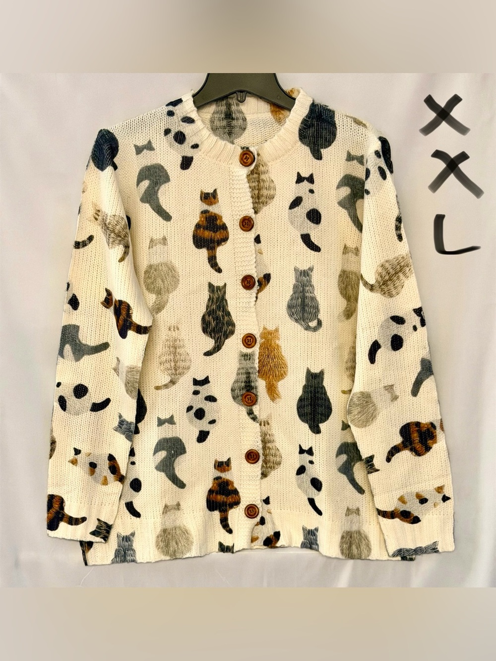 Cream Cat-Print Button Cardigan Sweater
